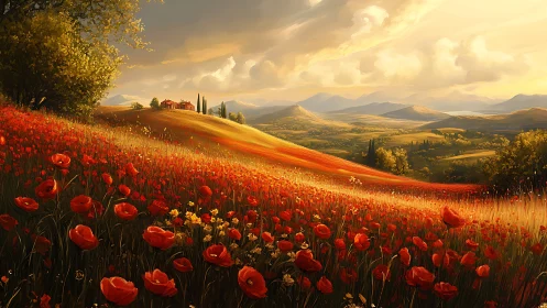 Sunlit poppy hillside overlooking distant rural valley.
