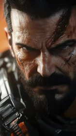 Scarred tactical soldier close-up with intense expression.