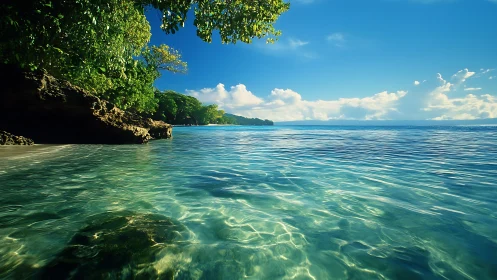 Coastal inlet with clear shallows and dense shoreline foliage.