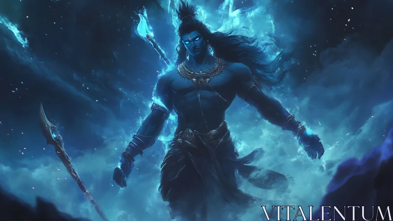 Mythic blue warrior deity amid luminous astral stormscape