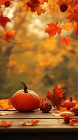 Autumn pumpkin still life on rustic wooden table outdoors.