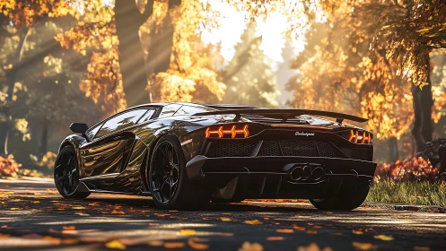 Golden autumn road embraces a sleek black supercar at rest