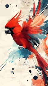 Vivid red bird in flight across playful splashes of color.