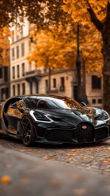 Midnight-black supercar resting under golden city leaves.