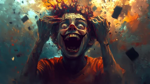 Clown-faced figure screams upward amid chaotic painted debris