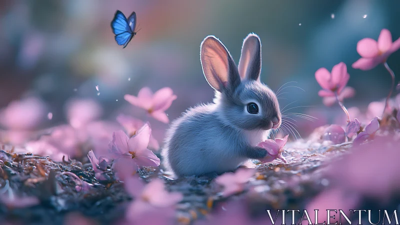 Young rabbit amid pink blossoms with blue butterfly.