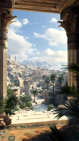 Sunlit desert valley city framed by ornate colonnaded terrace