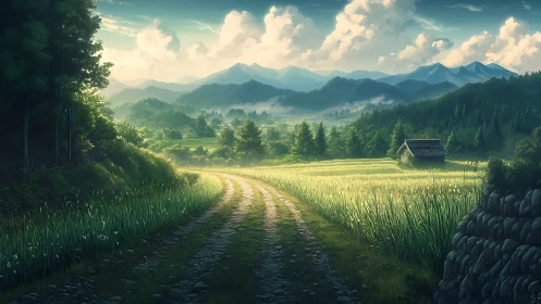 Sunlit rural path curves through rice fields toward misty mountains