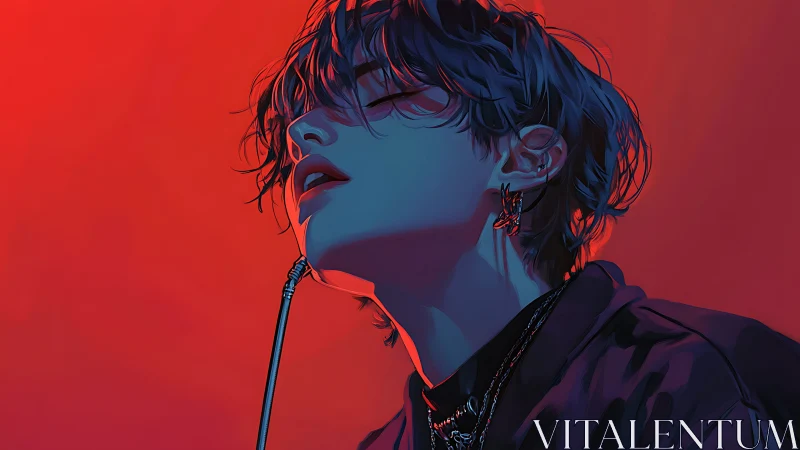 Androgynous figure in red lighting with microphone cable.