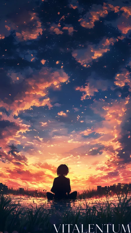 Sky-soaked dreamer watching twilight catch fire above.