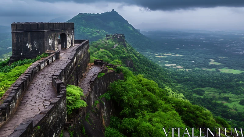 Stone hill fort rampart cuts across monsoon-soaked green valley