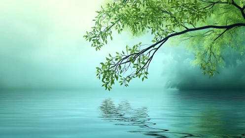 Gentle green branches resting over a calm turquoise lake.