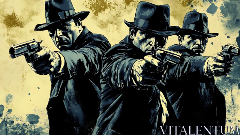 Three noir gunmen advance through splattered urban shadows