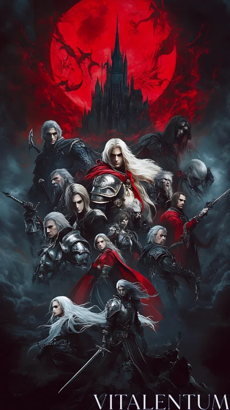 Vampiric knights in layered composition under blood-red eclipse