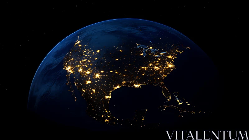 North America at night from orbit with illuminated city lights.