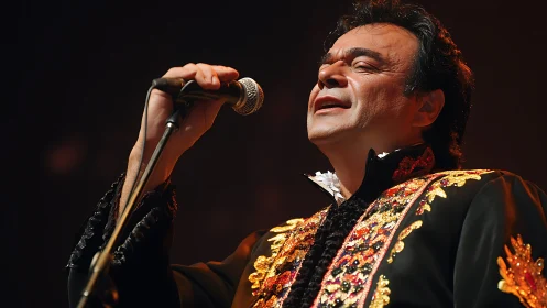 Male vocalist in ornate embroidered jacket under warm stage light.