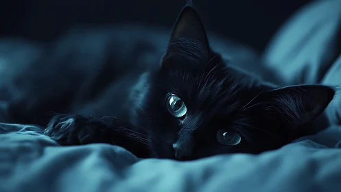 Luminous Eyes of a Black Cat in Moody Darkness
