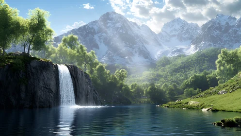 Mountain waterfall and forested lake under daylight sky.