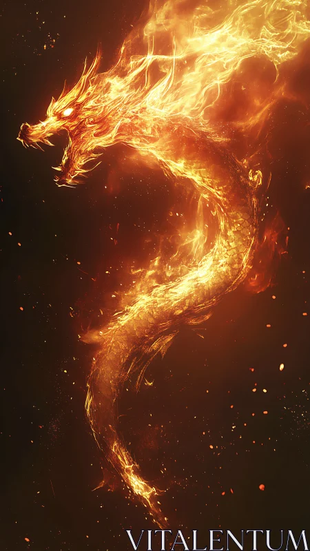 Serpentine fire dragon form on dark background field.