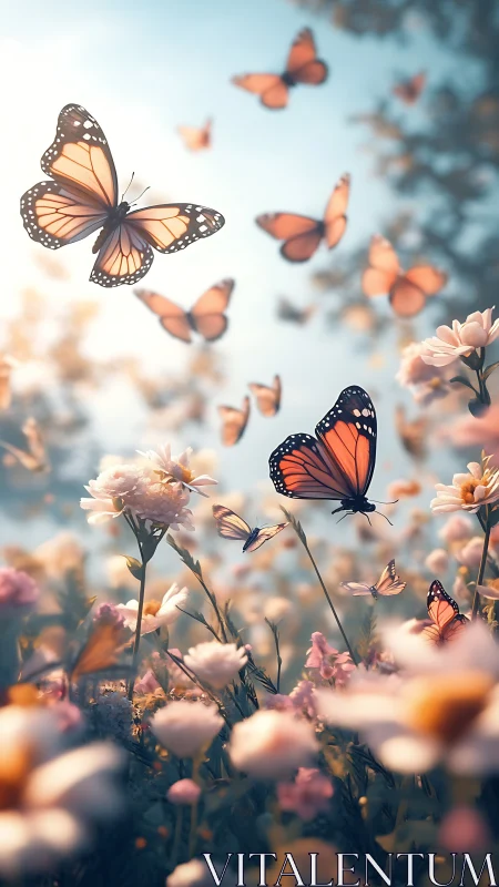 Sunlit monarch butterflies drifting over dreamy wildflower meadow.
