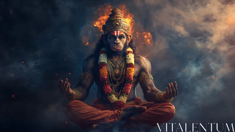 Divine monkey warrior meditates amid swirling sacred flames