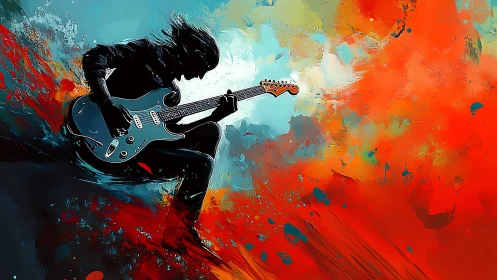 Silhouetted electric guitarist in turbulent chromatic motion field.