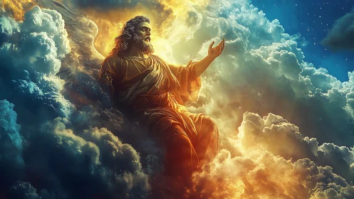 Celestial angel ascends through glowing clouds and starlit sky