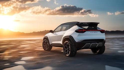 Futuristic white SUV concept dominates reflective desert plain