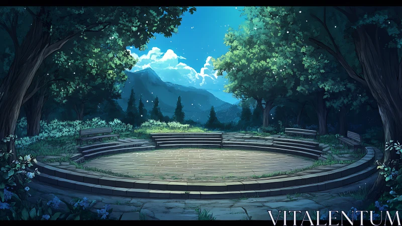 Moonlit forest amphitheater with circular stone terrace.