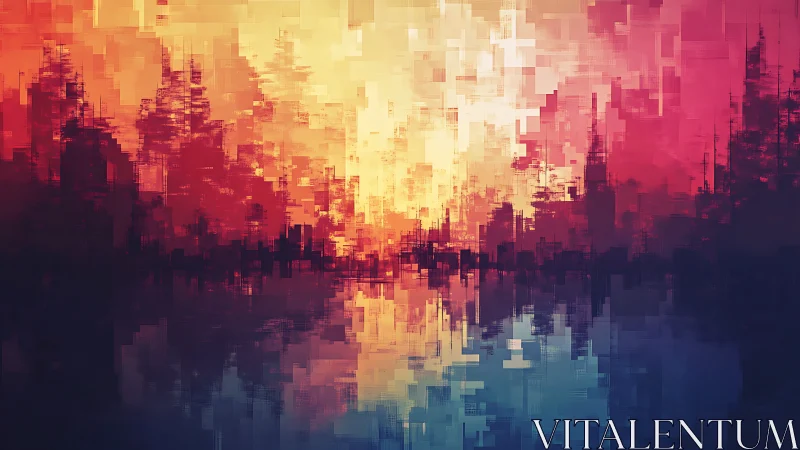 Pixel dusk forest melting into mirror-bright waterline.