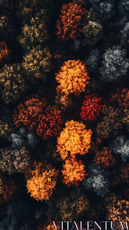 Aerial view of dense mixed forest in seasonal transition.