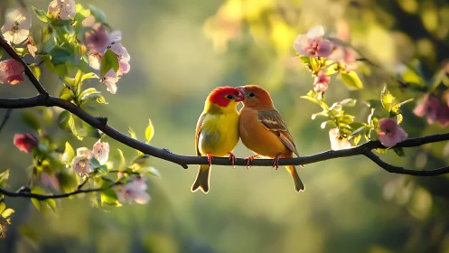 Two Colorful Songbirds on a Blossoming Branch, Dreamy Nature Scene.