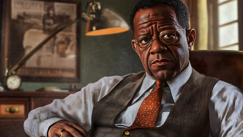 Intense office portrait of man in vest under warm lamp glow.