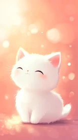 Soft White Cat with Closed Eyes in Warm Pink Bokeh.