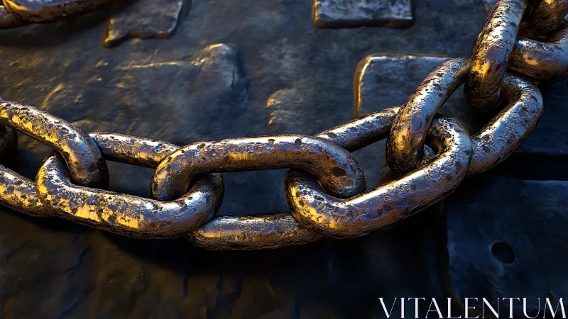 Close view of heavy metal chain on dark textured surface.