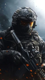 Heavily armed tactical soldier stands ready in burning battlefield