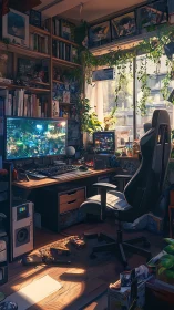 Cozy gaming nook glows with screens, plants, and gentle sunlight