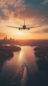 Sunset airliner over river corridor with glowing wake trail.