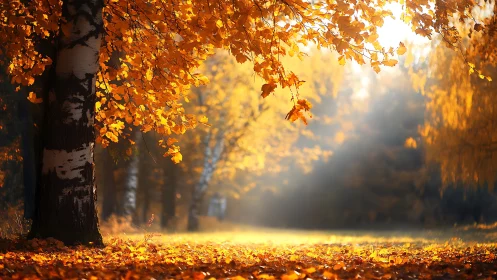 Autumn birch trees with sunlit foliage in a forest setting.
