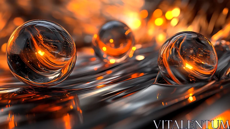 Molten orange glass spheres rest on reflective metallic surface