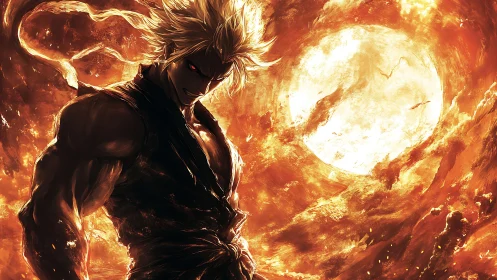 Blazing warrior ascends beneath an apocalyptic solar inferno.