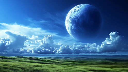 Soft alien horizon under a luminous giant blue moon.