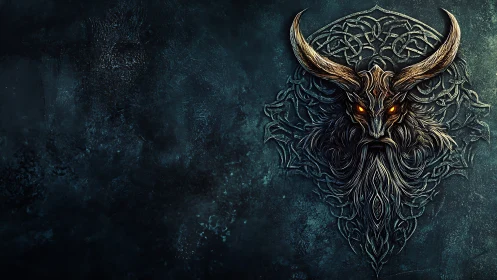 Demonic horned visage with glowing eyes on dark teal wall.