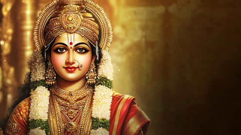 Radiant Indian goddess portrait glows in warm golden light
