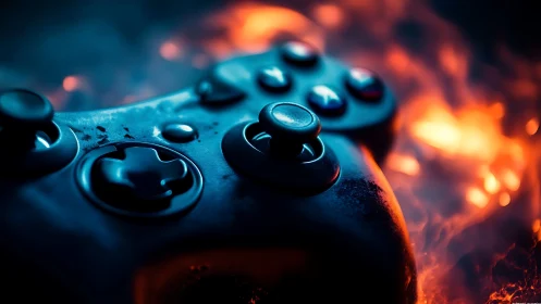 Gaming Controller Ignites in Neon Fire During Epic Battle