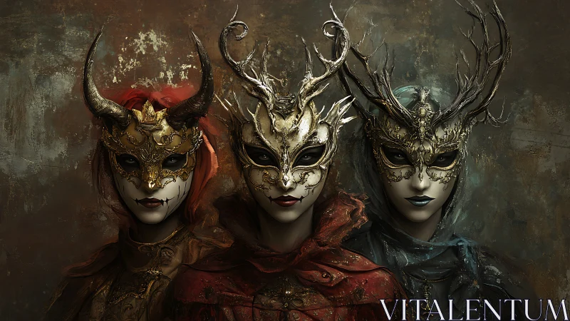 Enchanted masked trio gazes forward in dark fairytale calm