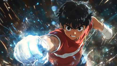 Anime boy in red shirt extending glowing fist in motion.