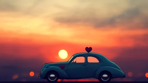 Vintage Car Sunset Romance. Heart Symbol Details