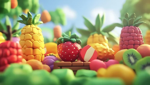 Playful low-poly tropical fruit scene in soft sunlight.