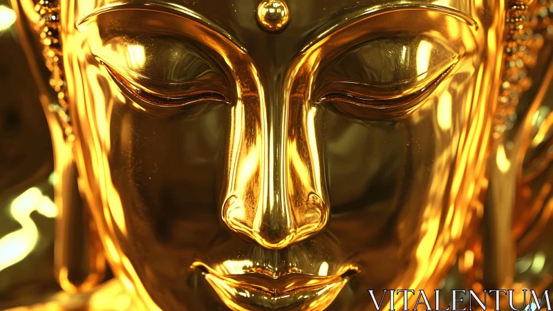 Golden Buddha face close-up in serene, reflective artistic style.
